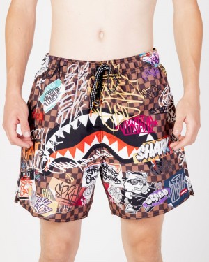 Brown Sprayground Tagged Up Sharks In Paris Women's Swim Shorts | 446338624
