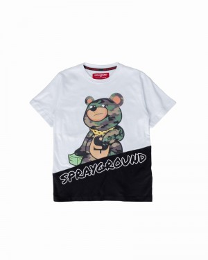 White Sprayground Bear Hangtag Kids' T Shirts | 917620557