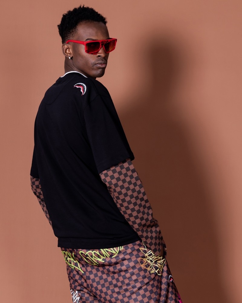Black Sprayground Tagged Up Double Long Men's T Shirts | 207448580