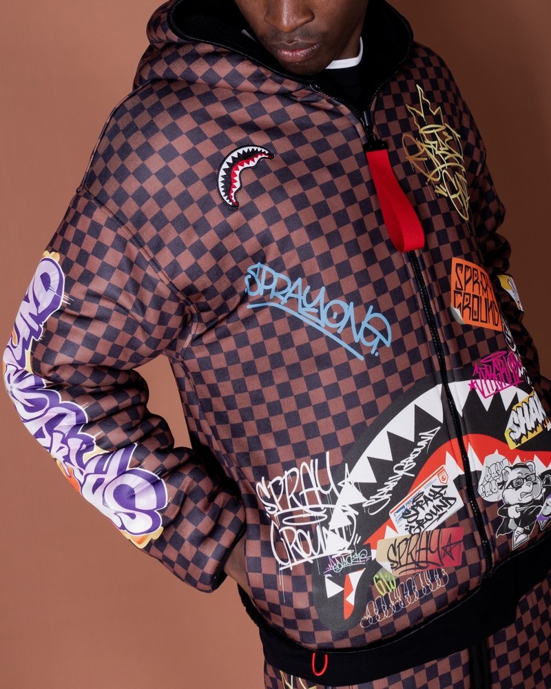Brown Sprayground Tagged Up Sharks In Paris Teddy Double Face Men's Jackets | 380136964