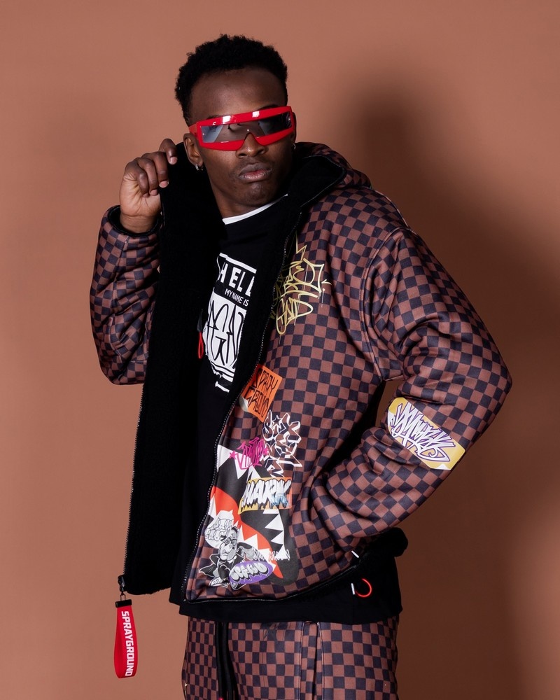 Brown Sprayground Tagged Up Sharks In Paris Teddy Double Face Men\'s Jackets | 380136964
