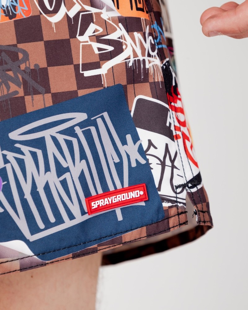 Brown Sprayground Tagged Up Sharks In Paris Men's Swim Shorts | 766177523