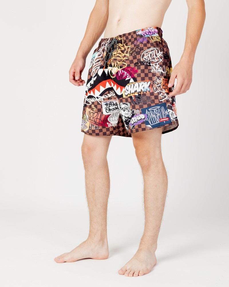 Brown Sprayground Tagged Up Sharks In Paris Men's Swim Shorts | 766177523