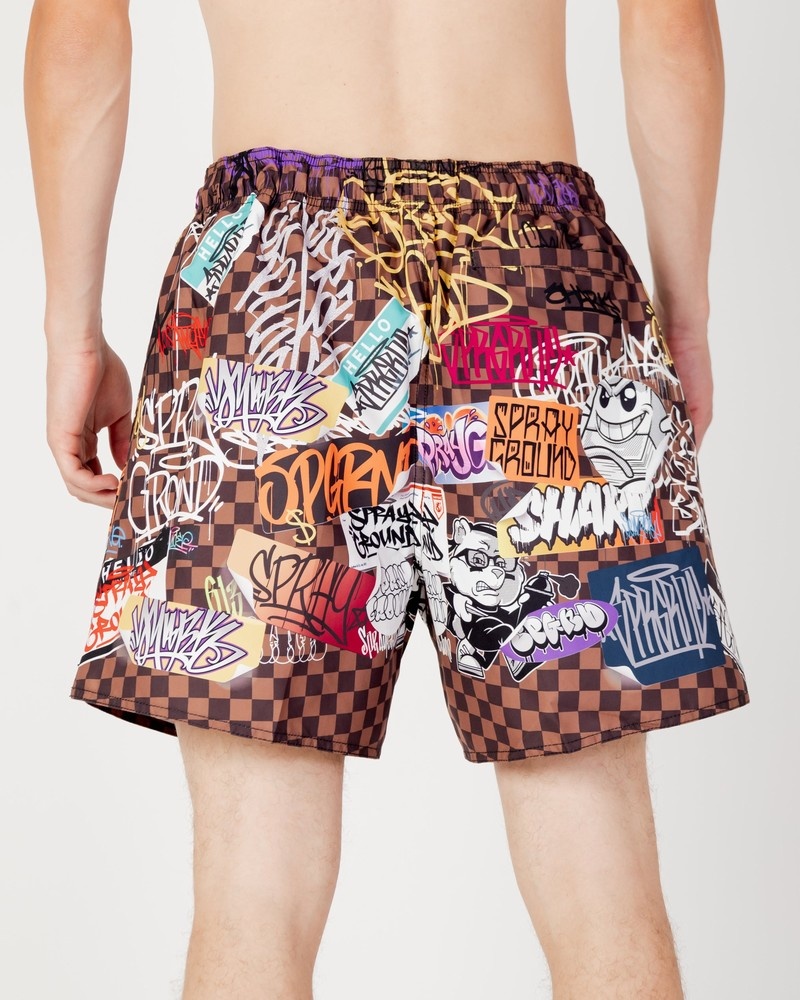 Brown Sprayground Tagged Up Sharks In Paris Men's Swim Shorts | 766177523