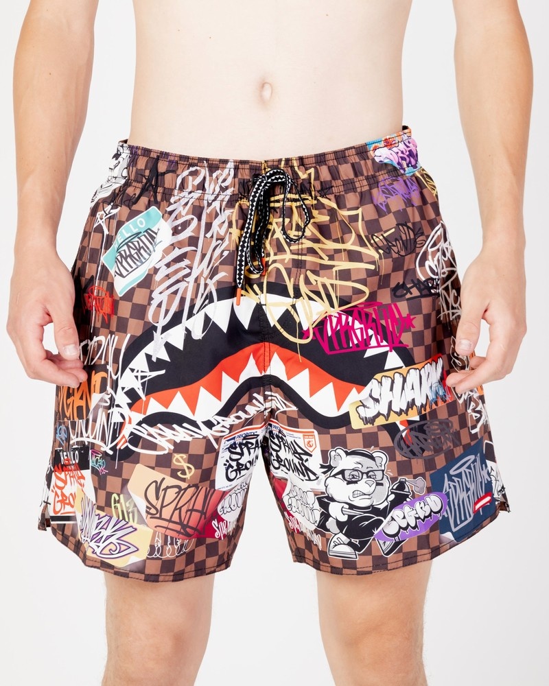 Brown Sprayground Tagged Up Sharks In Paris Men\'s Swim Shorts | 766177523