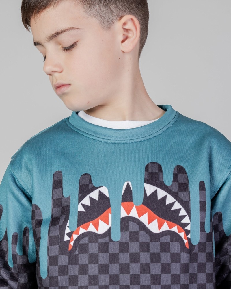 Grey Sprayground Color Dripping Check Crew Kids' Sweatshirts | 477589719