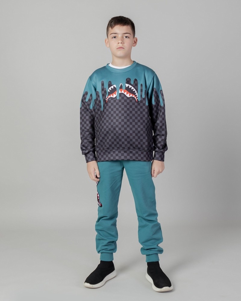 Grey Sprayground Color Dripping Check Crew Kids' Sweatshirts | 477589719