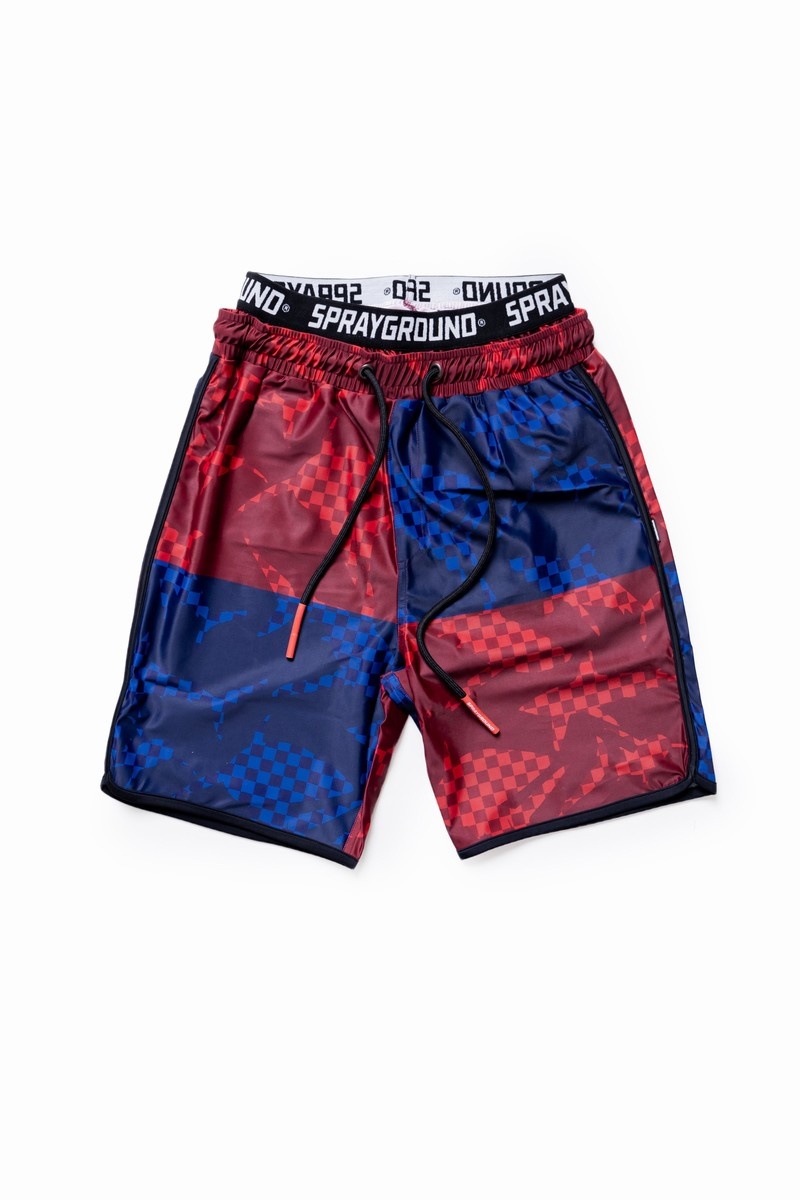 Red Sprayground Shark Check Color Block Midi Women\'s Swim Shorts | 657143750