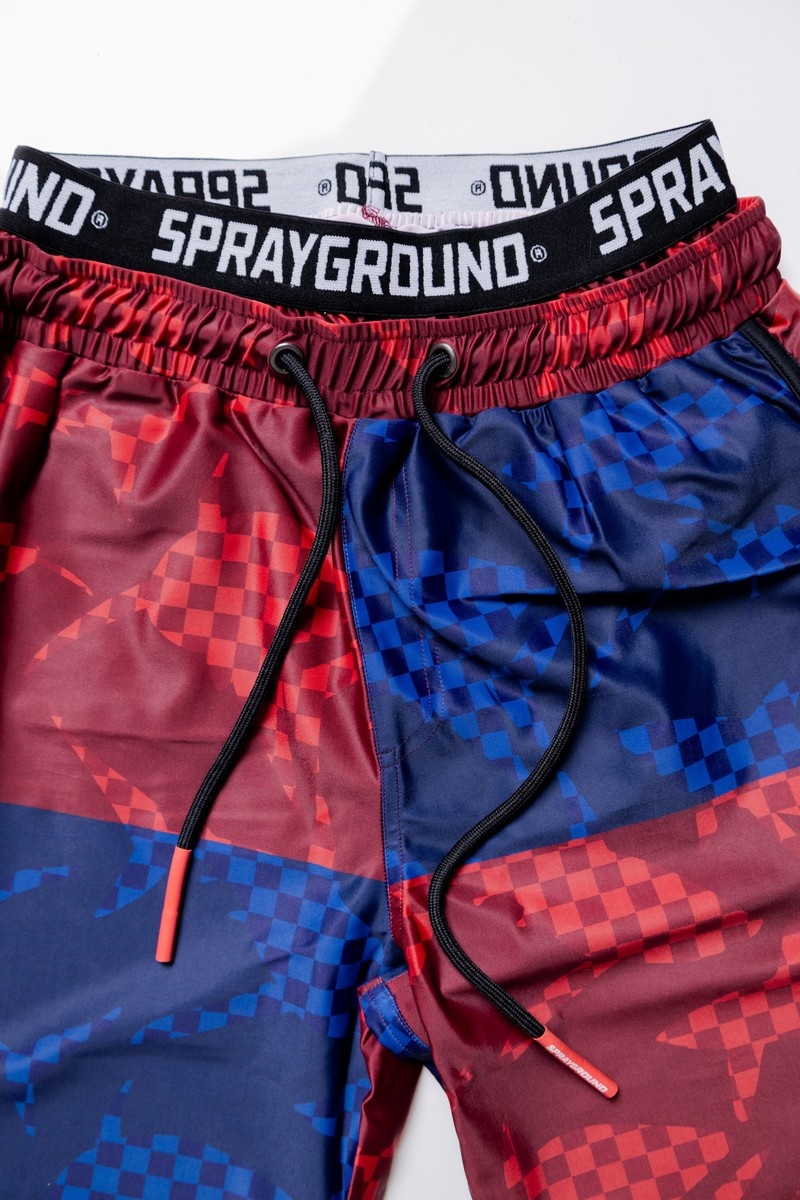 Red Sprayground Shark Check Color Block Midi Men's Swim Shorts | 308172345