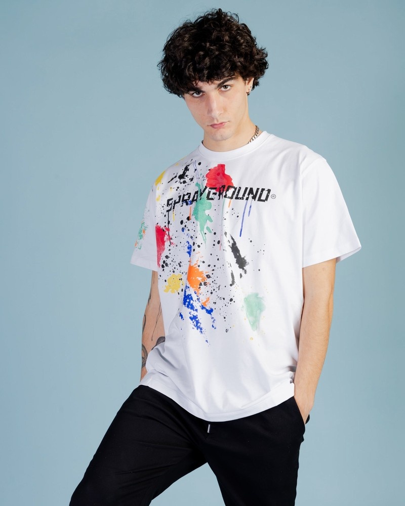 White Sprayground Color Splat Regular Men's T Shirts | 198175633