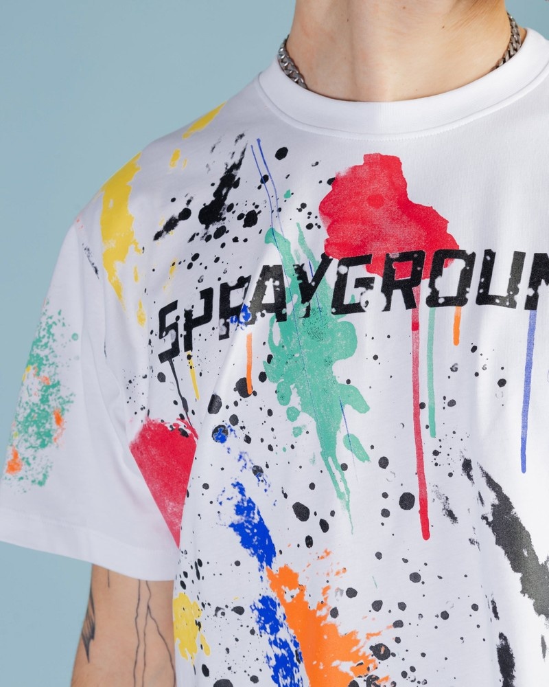 White Sprayground Color Splat Regular Men's T Shirts | 198175633